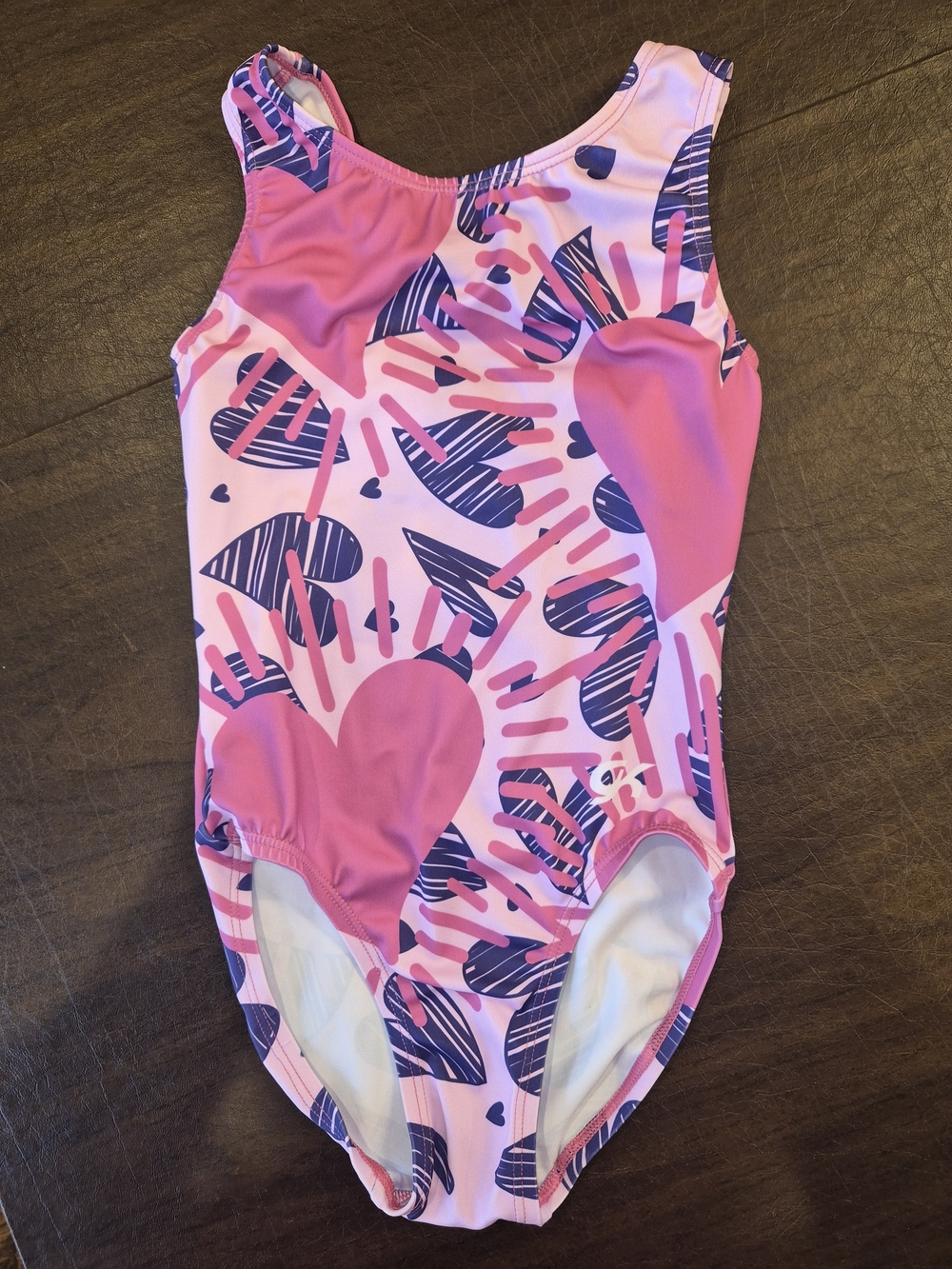 Girls Pink Heart-Print GK Gymnastics One-Piece Leotard Medium (8)